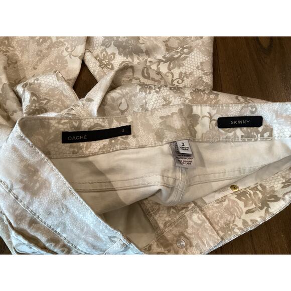 Cache Floral Lace Jacquard Print Skinny Jeans Gold/Off White lowrise Pants 2 - Picture 9 of 13